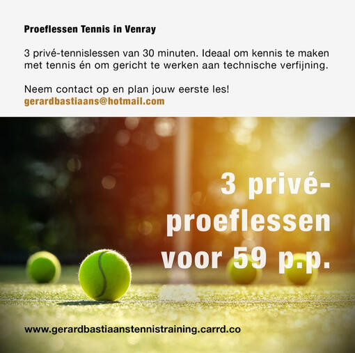 aanbieding tennisles in Venray - 3 prive proeflessen tennisballen op een tennisbaan met zonlicht en natuur in de achtergrond. deze afbeelding vormt samen met de tekst een aanbieding voor 3 prive tennislessen in Venray door een zer ervaren tennistrainer met KNLTB licentie